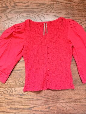 Anthropologie Bright Red Textured Button-Up Puff Sleeve Top